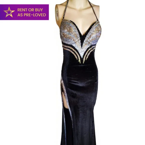 Black velvet Casino Royale rental IFBB fit model elite pro dress evening gown