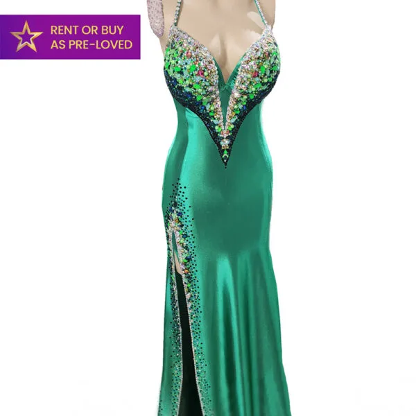 Forest fairy emerald green satin rental IFBB fit model elite pro dress evening gown