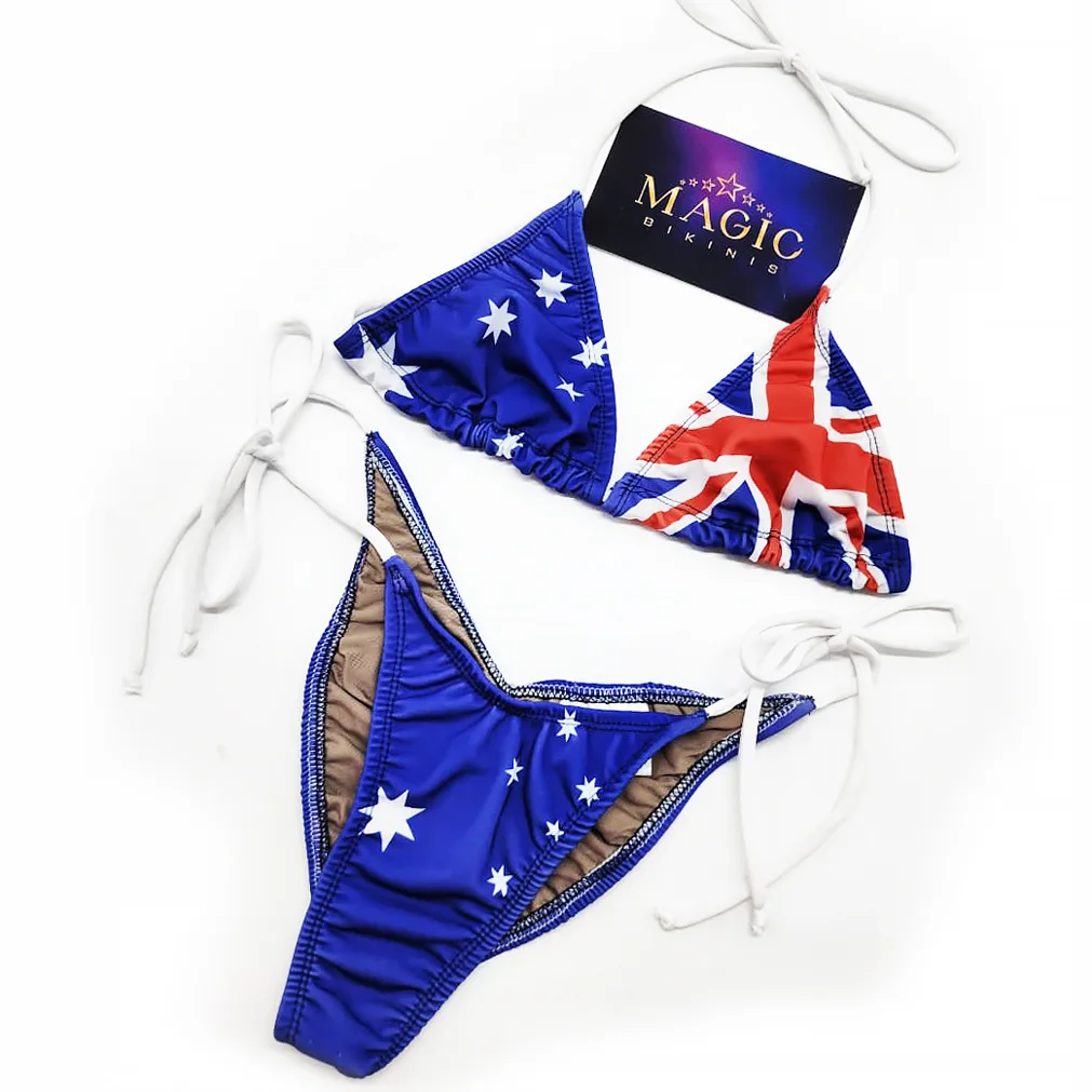 Australian flag print bikini with white tie sides and cheeky cut by Magic Bikinis.