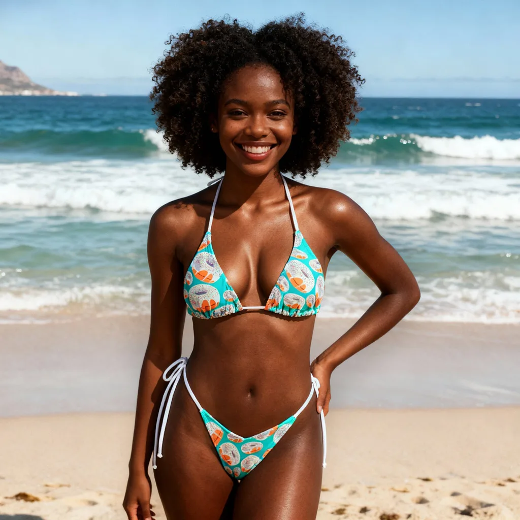 Woman smiling on the beach wearing a turquoise bikini with glazed donut sprinkle print and white ties by Magic Bikinis.