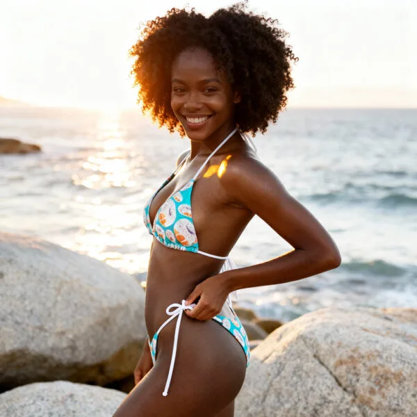 Woman facing the ocean in a glazed donut sprinkle print bikini with adjustable white side ties.