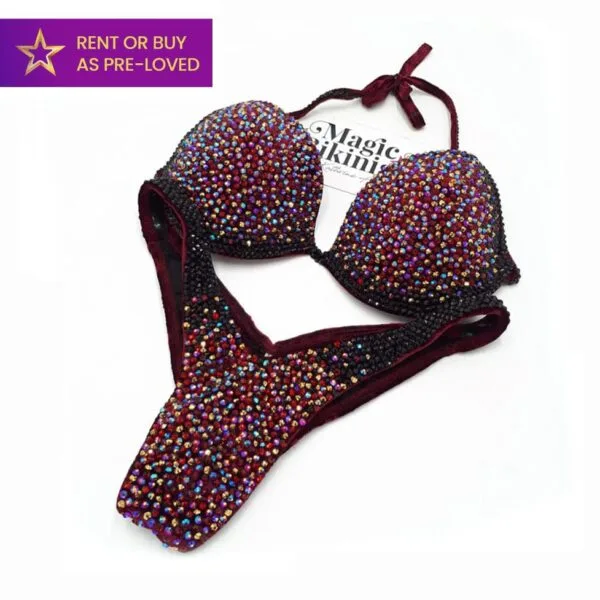 Moulin Rouge IFBB Pro League NPC Figure Suit Competition Burgundy velvet Pro Bikini with black, gold and AB crystals pre-loved bikini
