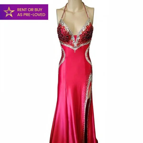 Red Satin Scarlet Siren rental IFBB fit model elite pro dress evening gown