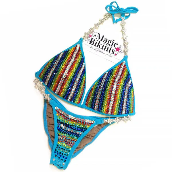 Fun Bikini Glam Cyan Blue Bikini with Rainbow Bling Stripes