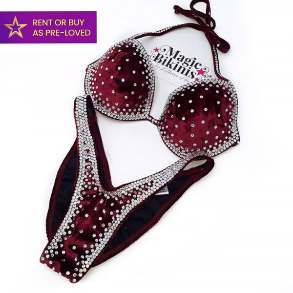 Hot berry ifbb elite pro pre-loved bikini for sale magic bikinis stage suits burgundy velvet clear bling
