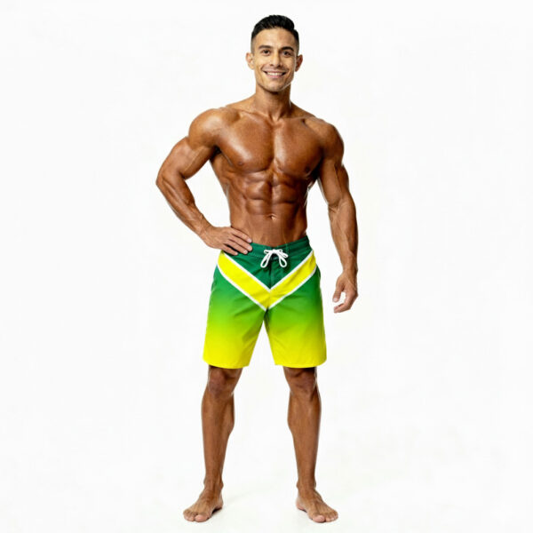 Apex IFBB Elite Pro Men’s Physique Boardshorts – front view in green, yellow, and white gradient