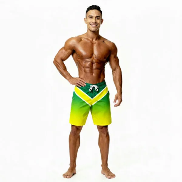 Apex IFBB Elite Pro Men’s Physique Boardshorts – front view in green, yellow, and white gradient