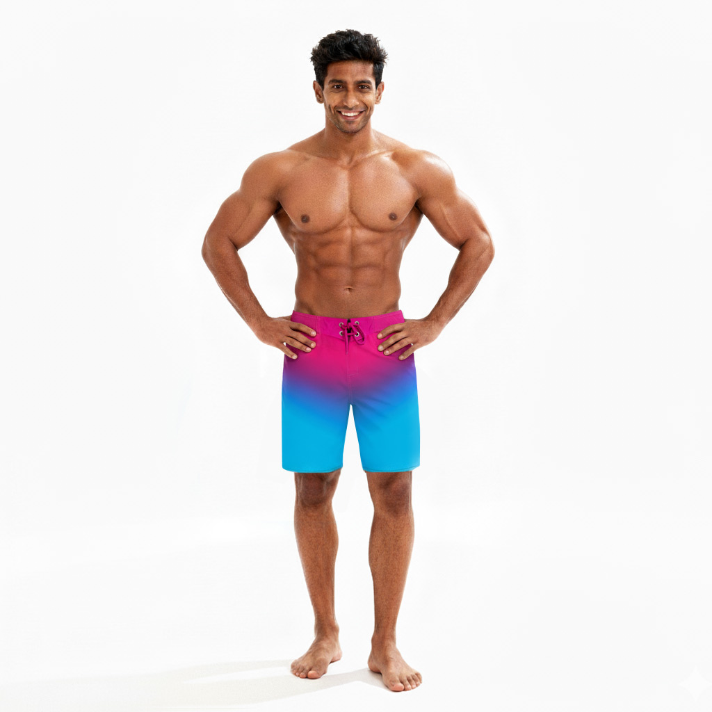 Surge IFBB Elite Pro Men’s Physique Boardshorts – pink to blue gradient front view