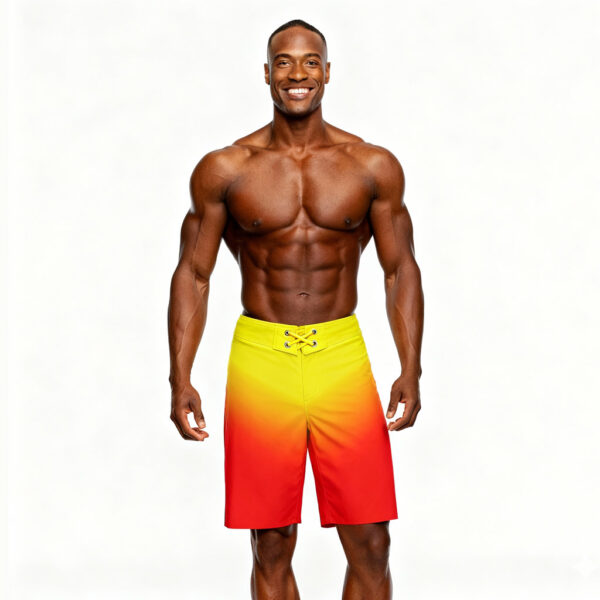 Magic V Boardshorts front view – IFBB Elite Pro Men’s Physique yellow to orange ombre