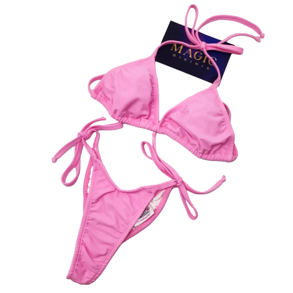 Magic Bikinis baby pink beach bikini with triangle slider top and cheeky tie-side bottoms.