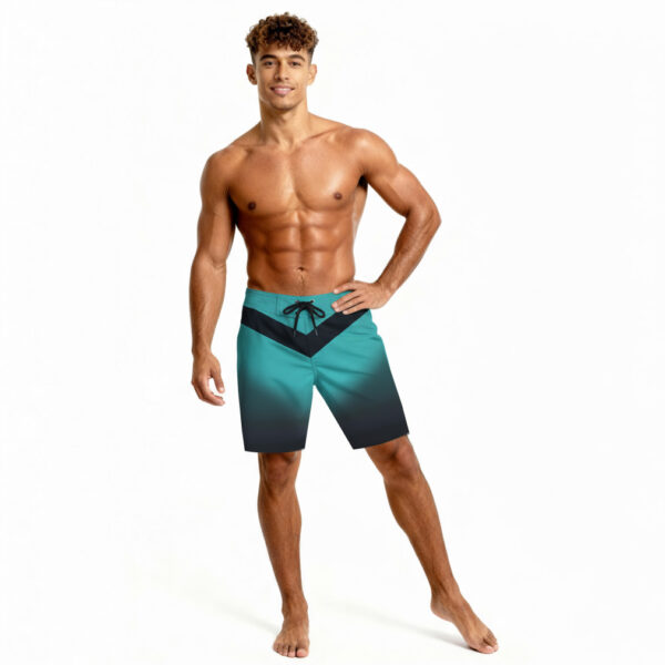 Titan IFBB Elite Pro Men’s Physique Boardshorts – turquoise to black gradient with stripe, front view