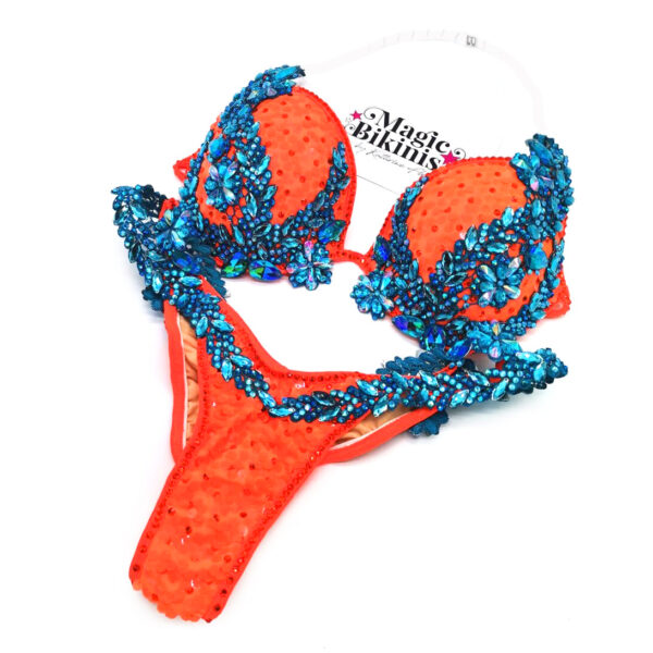 WBFF Diva Competition Bikini Neon Orange Sequin Blue Crystals
