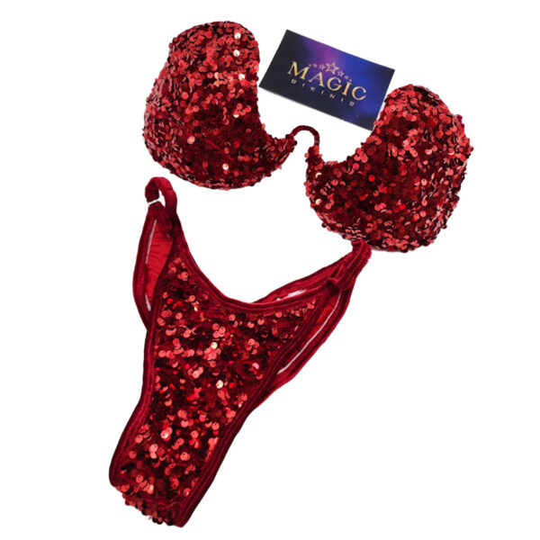FMG Style Competition Bikini WBFF Red Chunky Sequin