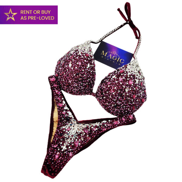 IFBB Elite Pro maroon burgundy Bordeaux deluxe rental bikini crystal bling set by Magic Bikinis