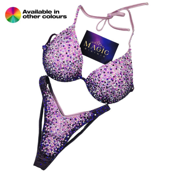 IFBB Elite Pro quick ship bikini with custom ombre printed lycra and pro crystal bling Magic Bikinis