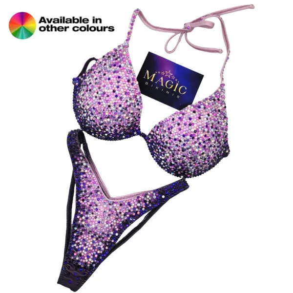 IFBB Elite Pro quick ship bikini with custom ombre printed lycra and pro crystal bling Magic Bikinis