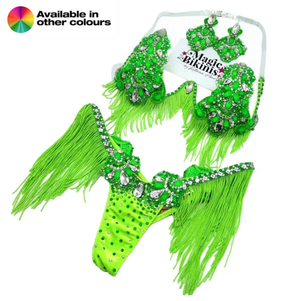 WBFF Style custom made bikini tassels deluxe pro crystal bling set by Magic Bikinis Lime