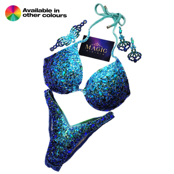 IFBB Elite Pro quick ship bikini with custom ombre printed lycra and deluxe pro crystal bling package set Magic Bikinis