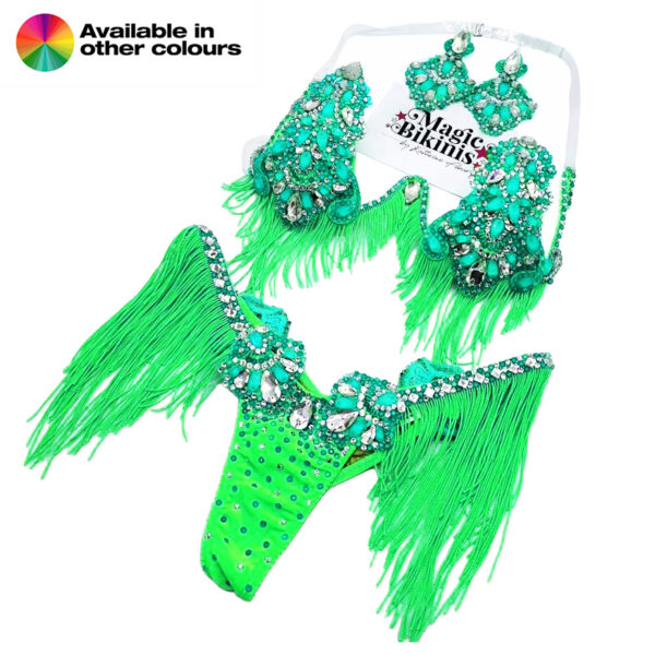 WBFF Style custom made bikini tassels deluxe pro crystal bling set by Magic Bikinis Sea Green