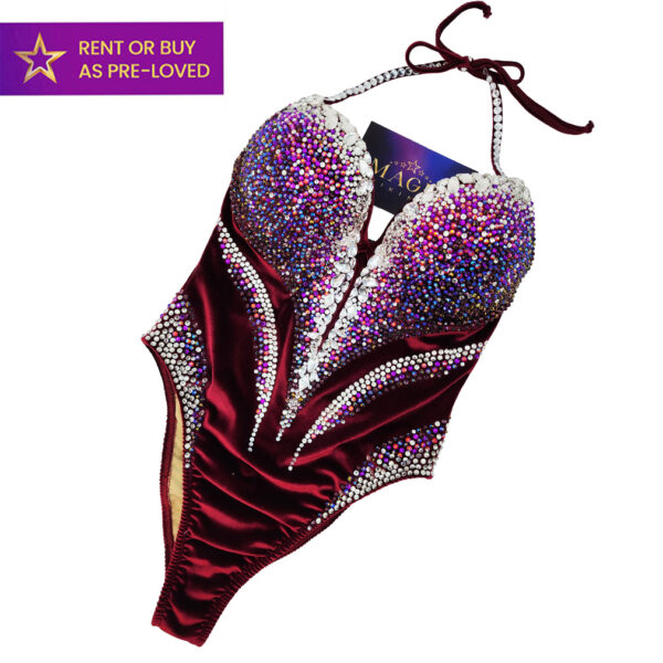 IFBB Elite Pro Fit Model stage bodysuit by Magic Bikinis maroon velvet rental