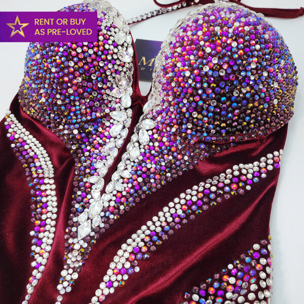 IFBB Elite Pro Fit Model stage bodysuit by Magic Bikinis maroon velvet rental