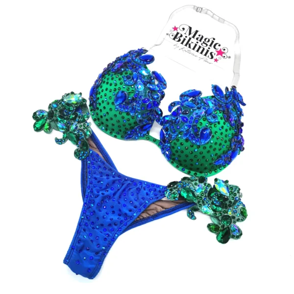 Emeralds and Sapphires IBFF bikini Used Pre-loved WBFF Suit Diva Glam Green Blue