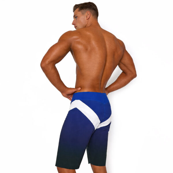 Men’s bodybuilding board shorts in cobalt blue, navy and white with a bold chevron design