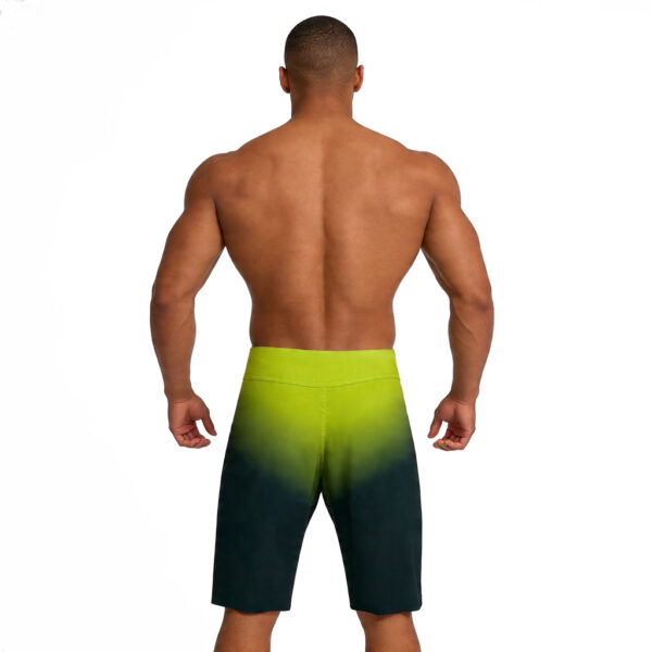 Men’s bodybuilding board shorts in lime green and deep blue ombre fade design