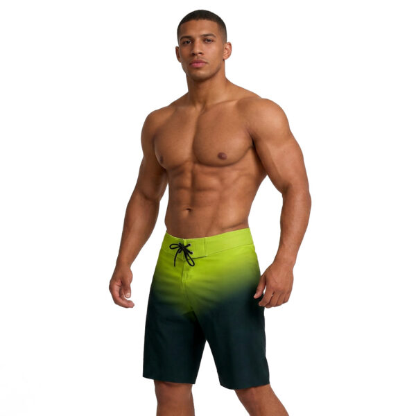 Men’s bodybuilding board shorts in lime green and deep blue ombre fade design
