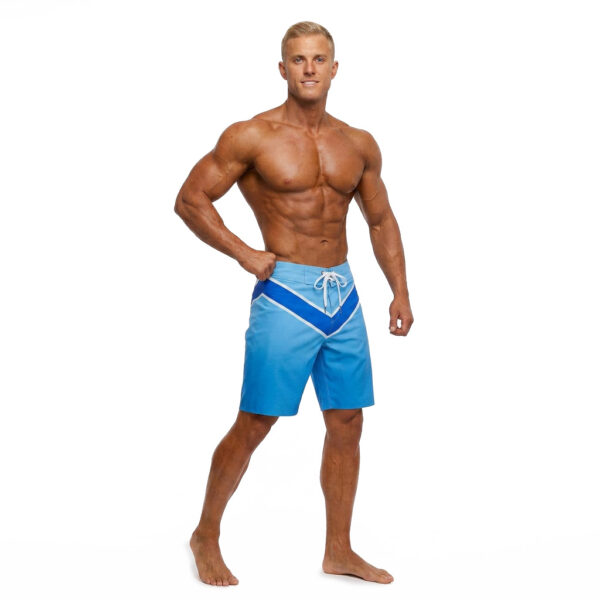 Men’s bodybuilding board shorts in light blue, royal blue and white with a sharp chevron design