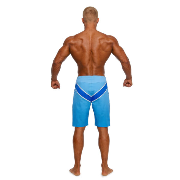 Men’s bodybuilding board shorts in light blue, royal blue and white with a sharp chevron design