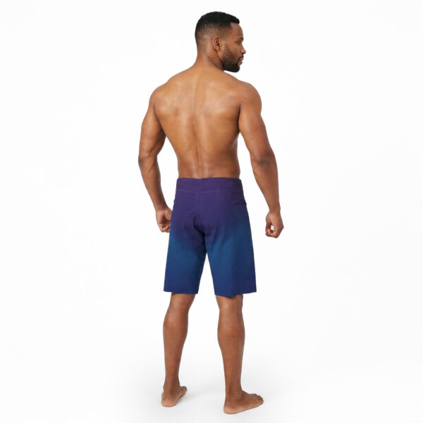 Men’s bodybuilding board shorts in blue and purple ombre fade design