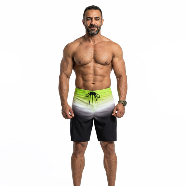 Men’s bodybuilding board shorts in lime green, white, grey and black ombre fade design