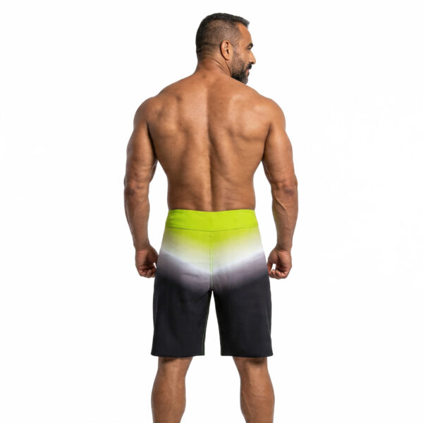 Men’s bodybuilding board shorts in lime green, white, grey and black ombre fade design