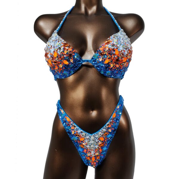 Coral Reef Large Magic Bikinis Rental IFBB Elite Pro stage suit for hire blue orange