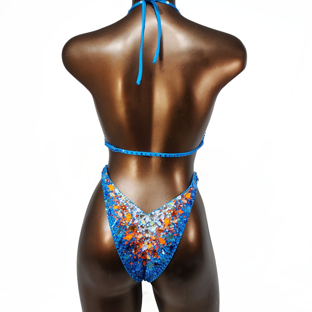 Coral Reef Large Magic Bikinis Rental IFBB Elite Pro stage suit for hire blue orange
