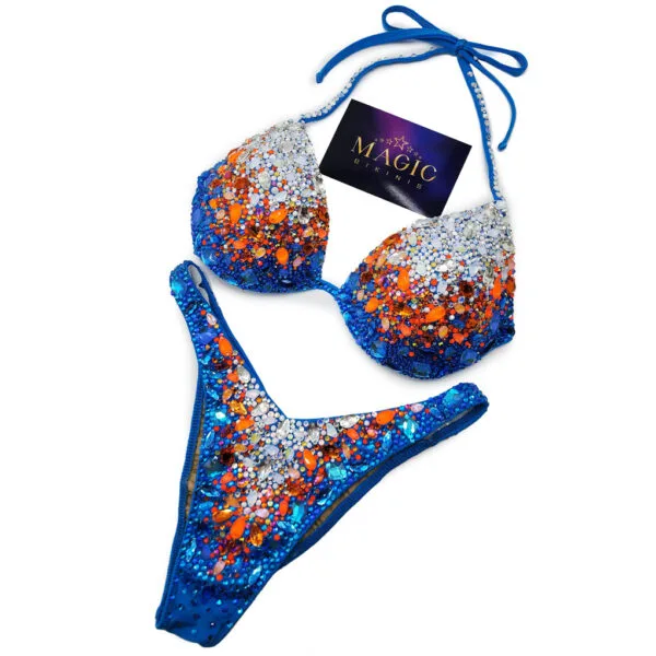 Coral Reef Large Magic Bikinis Rental IFBB Elite Pro stage suit for hire blue orange