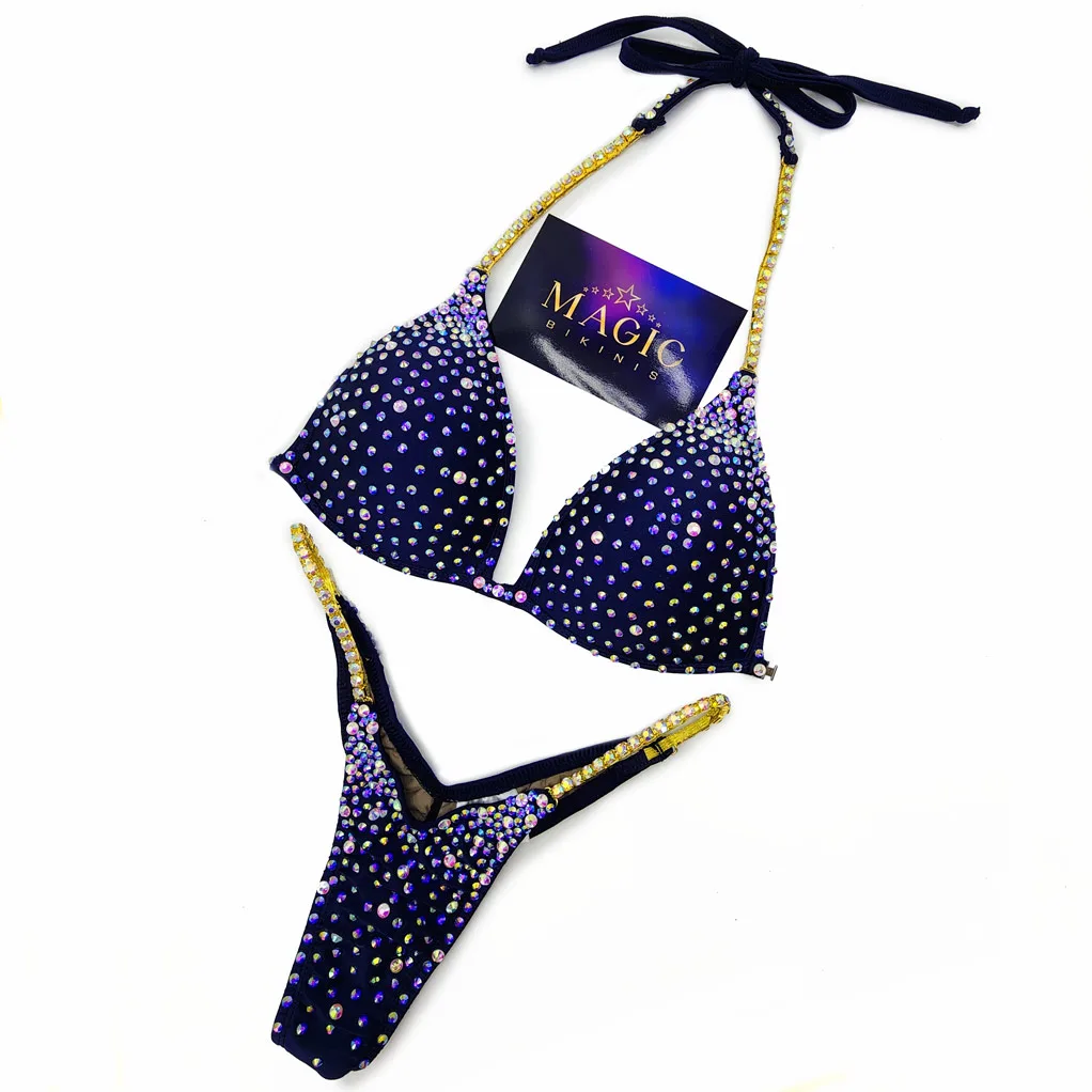Navy Blue and AB with Gold Connectors Magic Bikinis in stock IFBB Pro League NPC Stage suit for sale