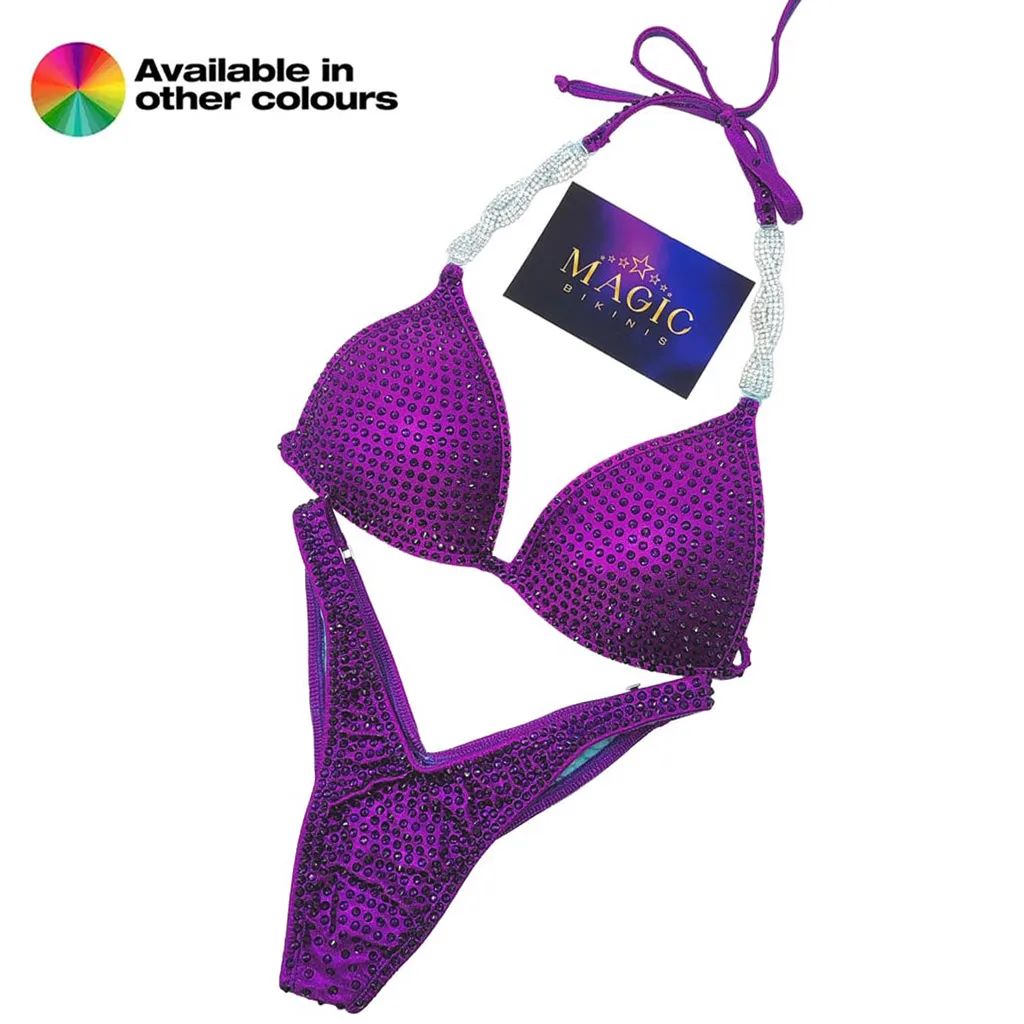 NPC Pro League / IFBB Pro Custom Monochrome Crystal Competition Bikini Figure Suit Berry