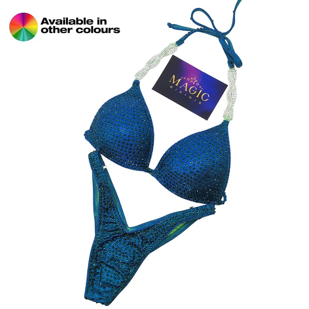 NPC Pro League / IFBB Pro Custom Monochrome Crystal Competition Bikini Figure Suit Blue