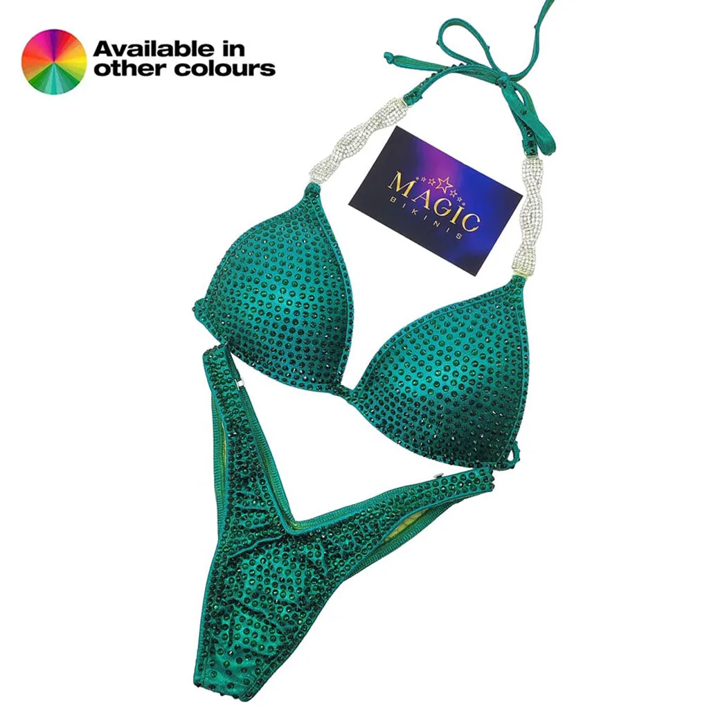 NPC Pro League / IFBB Pro Custom Monochrome Crystal Competition Bikini Figure Suit Emerald