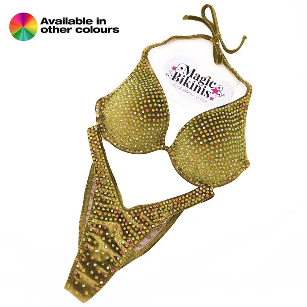 Custom Made IFBB Elite Pro Bikini Velvet Volcano Suit Gold