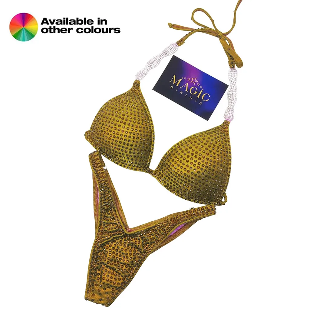 NPC Pro League / IFBB Pro Custom Monochrome Crystal Competition Bikini Figure Suit Gold