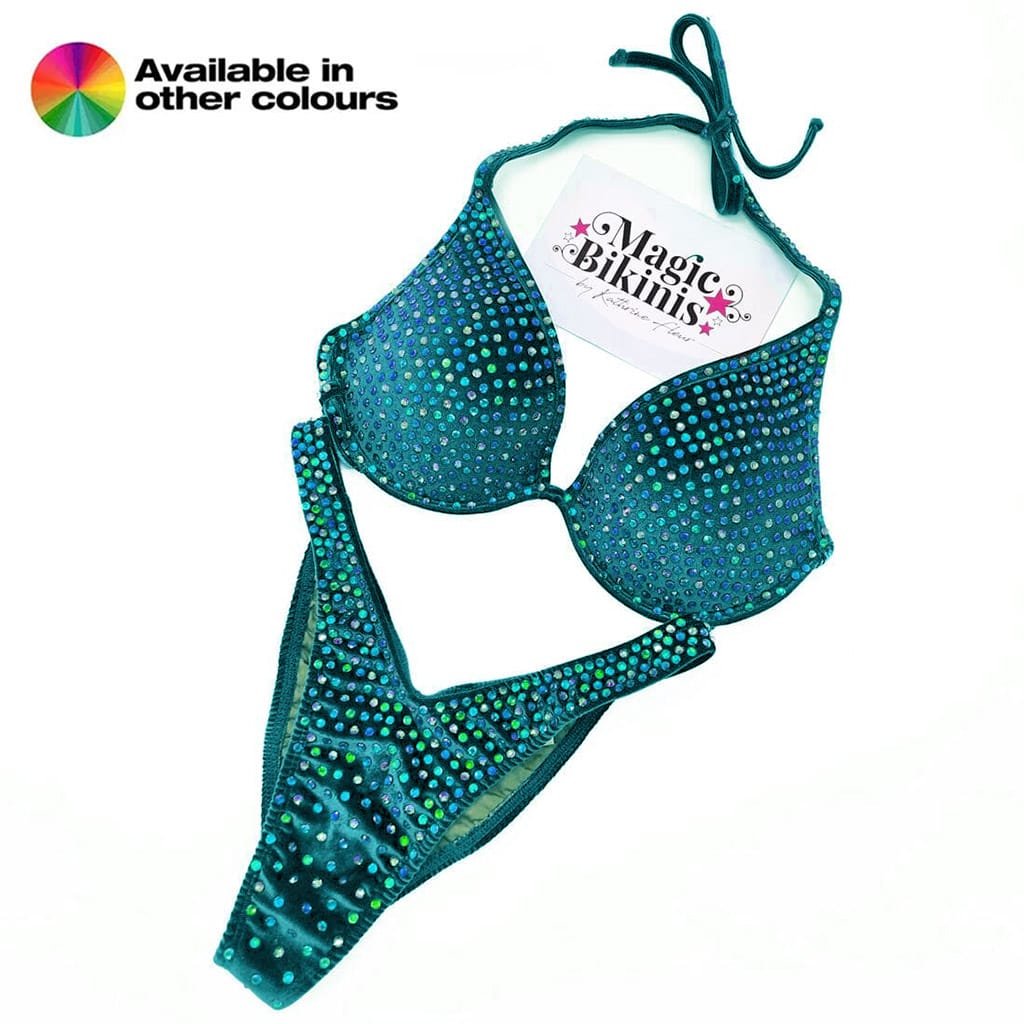 Custom Made IFBB Elite Pro Bikini Velvet Volcano Suit Teal